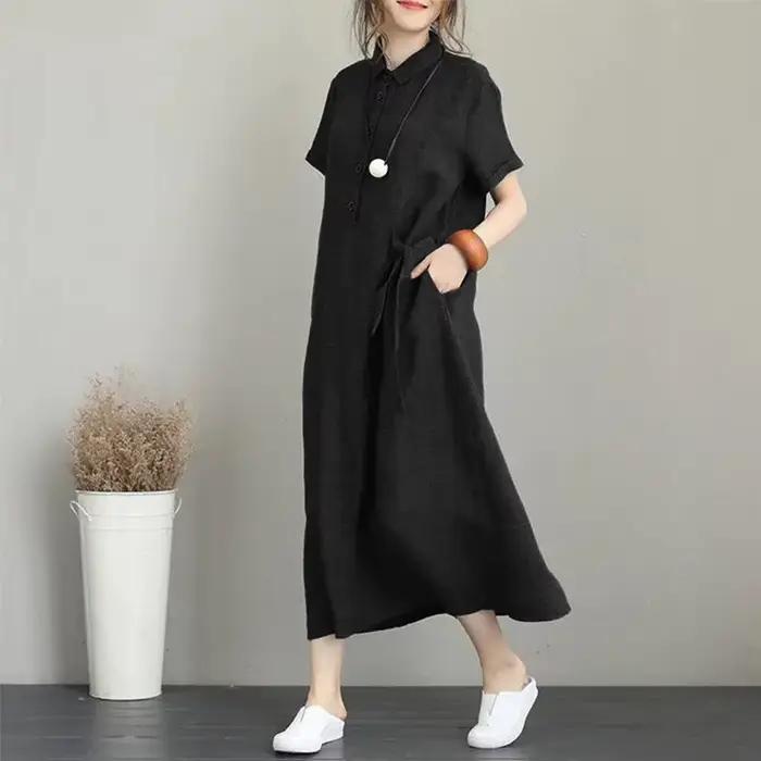 Robe décontractée pour femme en coton et lin, col polo, manches courtes, avec poche, coupe ample, lo