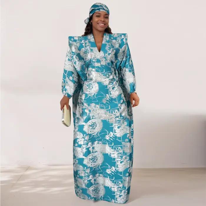 Robe Jacquard musulmane élégante pour femmes, ample, avec écharpe, col en V, manches courtes, fente,