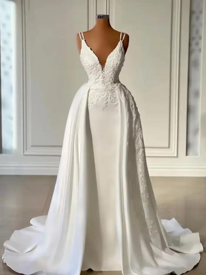 Robe de mariée sirène en satin vintage avec poignées, robe de mariée sexy, col en V, dos nu, fibropa