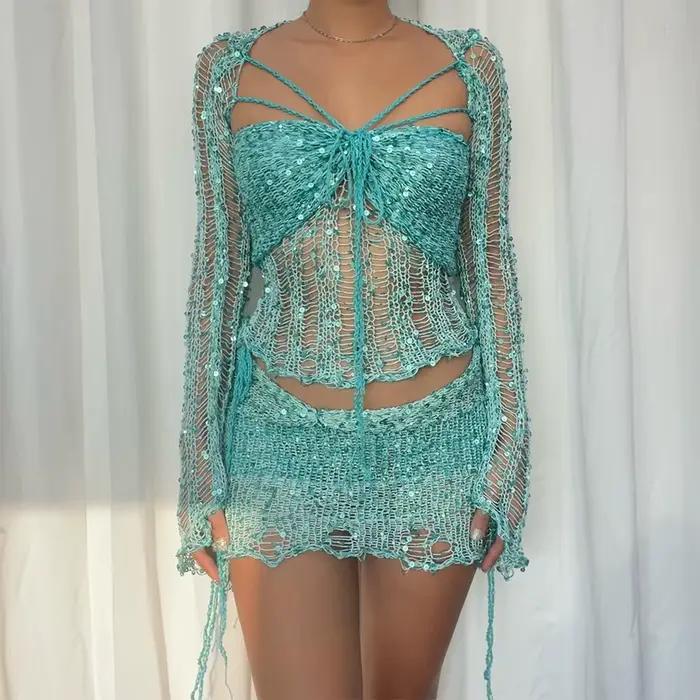 Robe tricotée au Crochet, ensemble jupe deux pièces, vêtements d'hiver pour femmes, haut court Sexy,