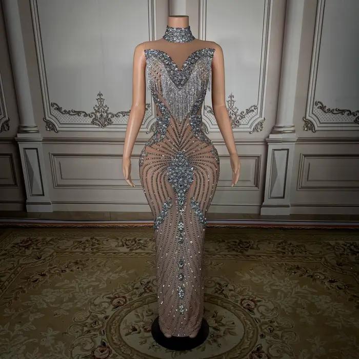 Robe de soirée argentée à col montant, sans manches, à sequins, style licou, pour événement formel, 
