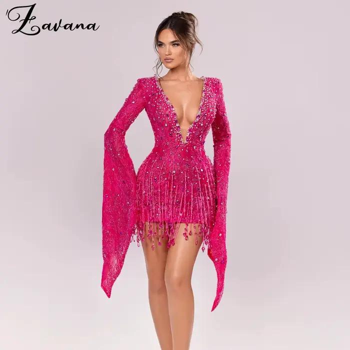 Zavana moderne col en v profond gaine robe De retour à manches longues strass cérémonie fête robes D