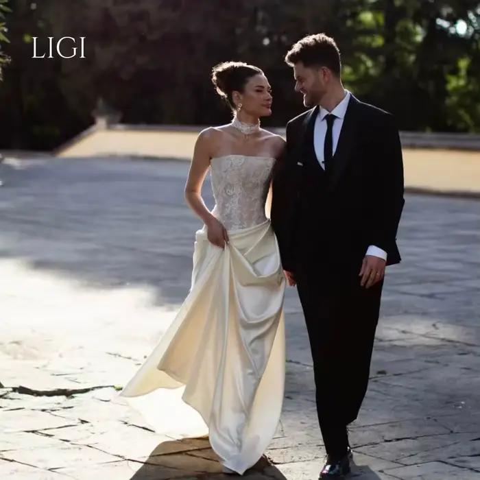 Robe de mariée de luxe LIGI, ornée de perles et de dentelle, corset en satin ivoire, traîne, robe de
