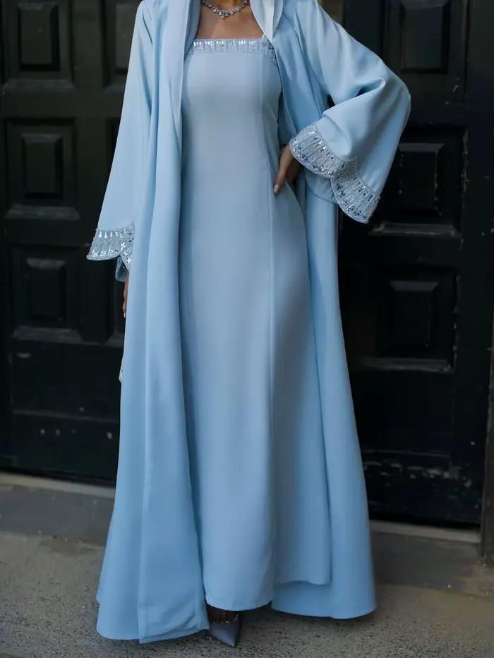 Robes de soirée formelles pour femmes, bleu clair, 3 pièces, abaya perlée modeste avec hijab, longue