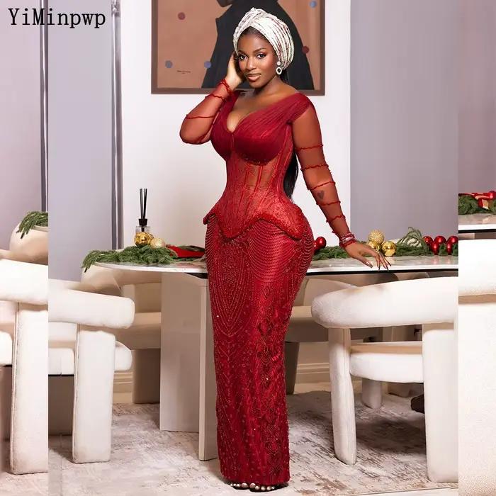 Robe de soirée formelle rouge Aso Ebi pour femme 2026, corset en dentelle et perles, coupe droite, p