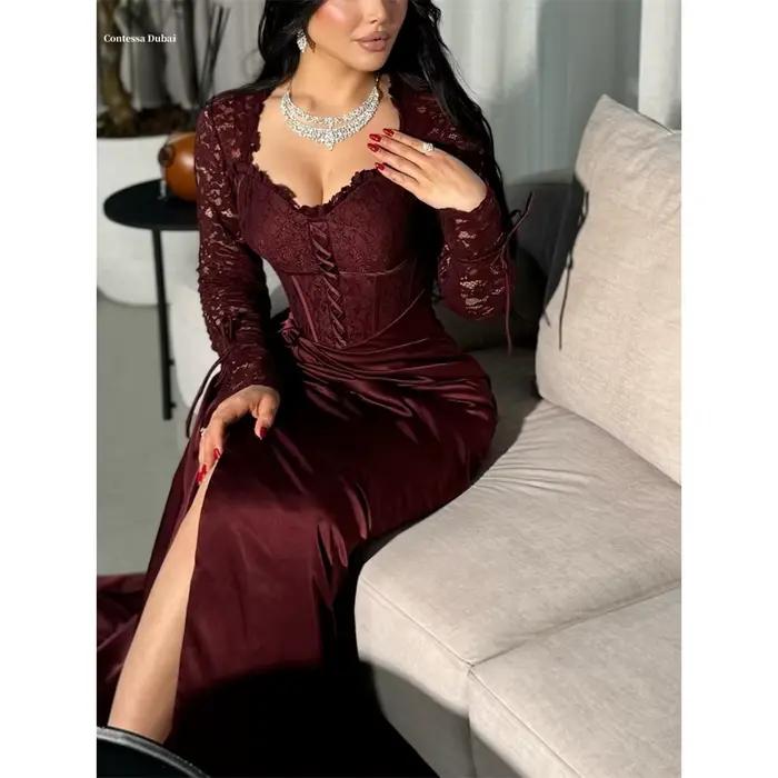 Fissuressa Dubai-Robe de Soirée en Dentelle avec Manches Brodées, Fente Latérale Haute, Plissée, For