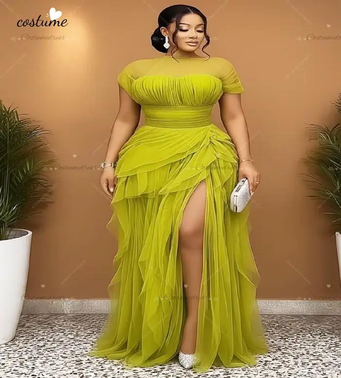 Charmante robe de soirée sirène vert citron, manches courtes, en Tulle, grande taille, robe de bal n