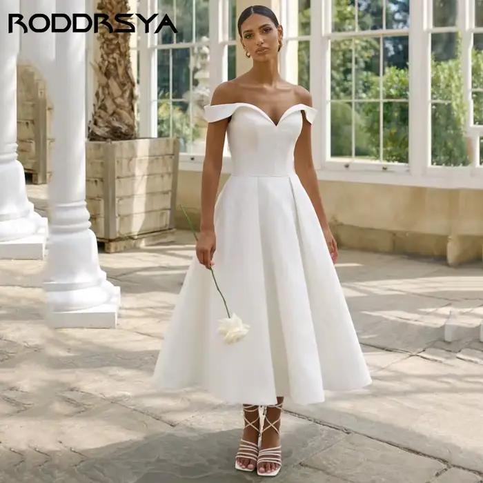 RODDRSYA-Robe de Mariée Simple en Satin Doux, Élégante, Col en V, Longueur Thé, Style Boho, sur Mesu