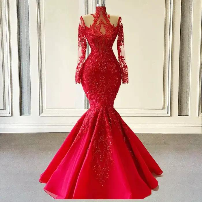 Robe de Soirée de Forme Sirène Rouge à Manches sulf, Luxueuse Tenue de Bal Formelle en Dentelle avec