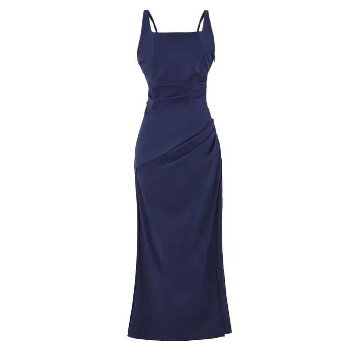 Robe longue élégante de style français avec fentes latérales et ceinture à la taille, robe sans bret