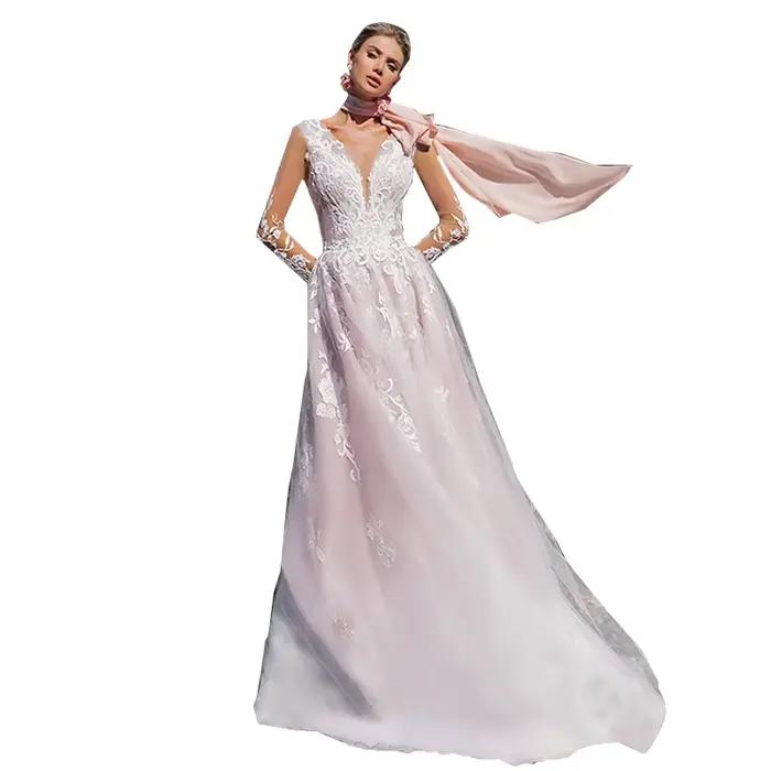 Modiis-Robe de mariée A-Line pour patients, manches longues, col en V, dentelle perlée, broderie, fe