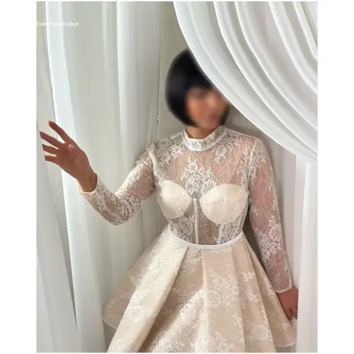 Contessa Dubaï Champagne Clair Col Haut Robe De Mariée En Dentelle Dos Nu robes de noche Manches Lon