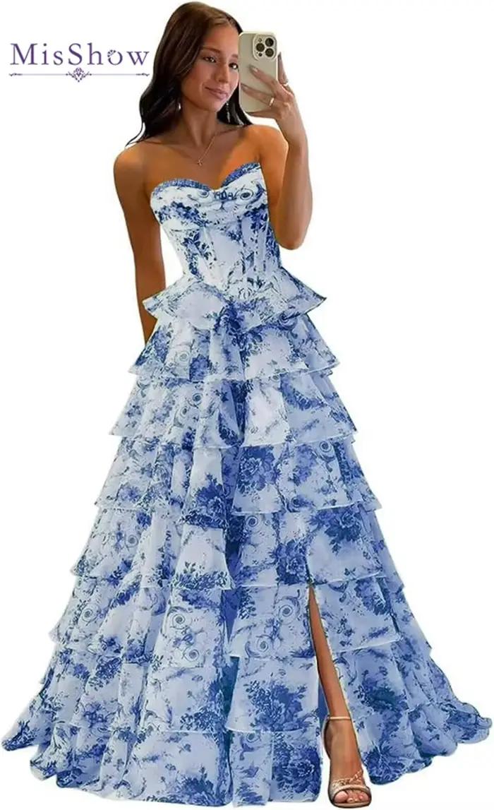 Robe de soirée longue en mousseline MisShow pour femme, style corset, à volants étagés, sexy, sans b