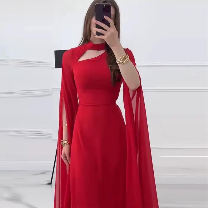 Robe longue femmes robes de soirée col rond pétales manches une ligne à lacets Sexy longueur de plan