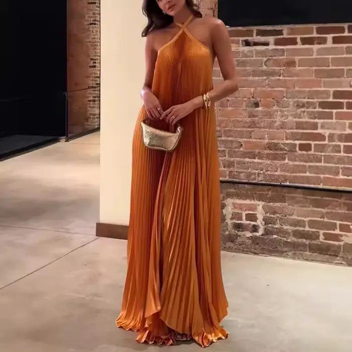 Robe longue plissée unie tendance, sexy, à dos nu, sans manches, élégante, pour soirée, pour femme
