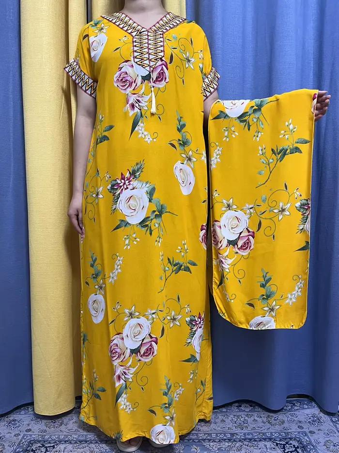 Abayas-Robe Courte en Coton à Imprimé Floral pour Femme, Col en V, Coupe Cintrée, Écharpe de Sauna, 