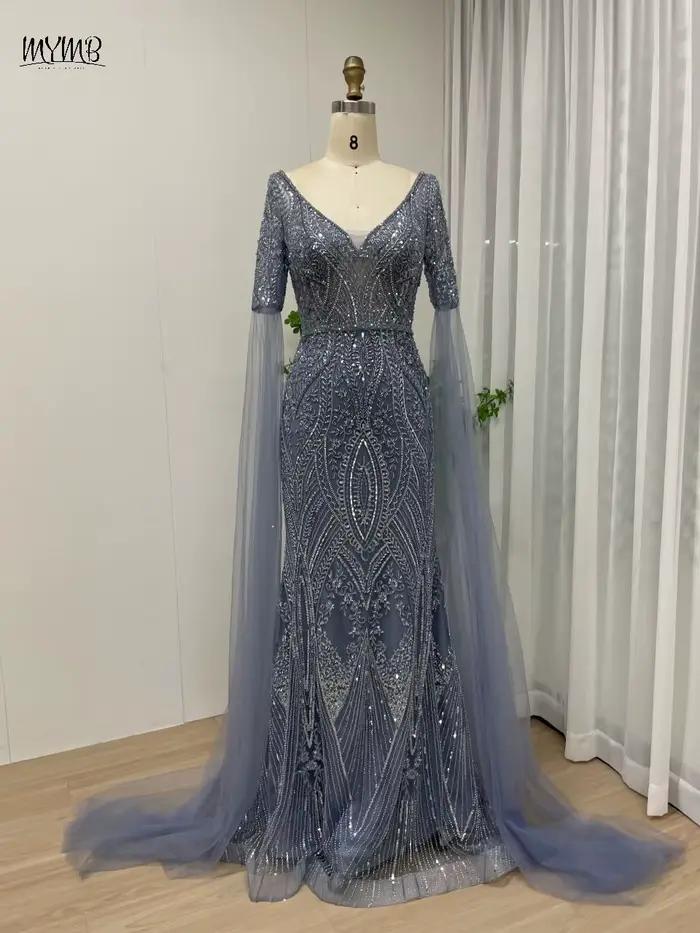 MYMB – robe de soirée sirène bleue pour femmes, tenue de soirée élégante, arabe, magnifique, manches