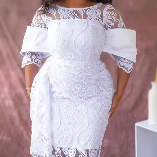 Robe mi-longue brodée à col rond pour femmes, robes vintage en dentelle blanche, tunique GT Hip, rét