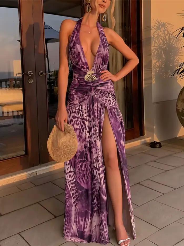 Robes maxi à imprimé léopard violet pour femmes Tenue de plage d'été Décoration métallique Sexy Vest