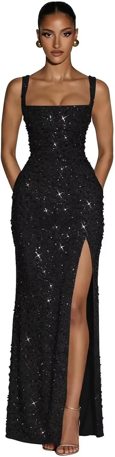 Robe de bal à paillettes pour femmes, style sirène scintillante, longue, dos nu, robe de soirée form