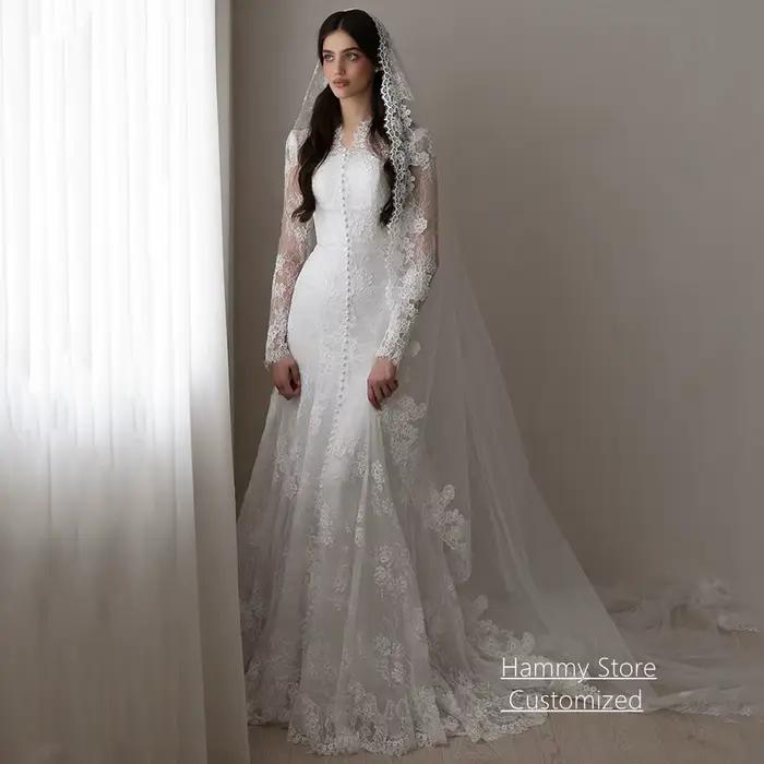 Robe de mariée saoudienne personnalisée, col en V discret, manches longues, dentelle, boutons, traîn