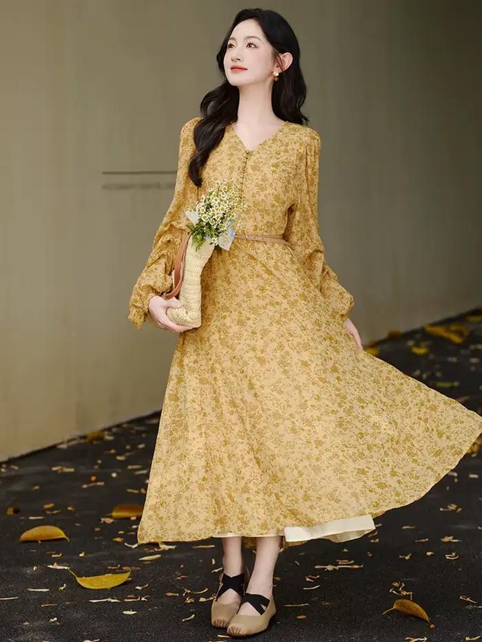 Robe femme ample décontracté imprimé Robe Maxi avec ceinture Vintage Cottage col en v lanterne manch