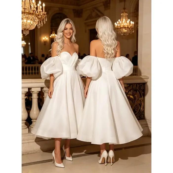 Robe de mariée longue en satin à épaules dénudées et manches bouffantes personnalisée, idéale pour l