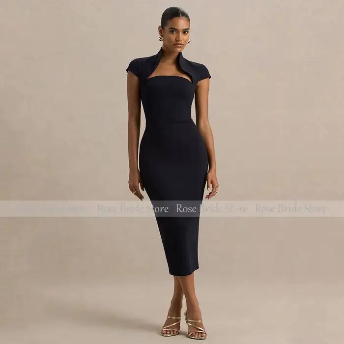 Robes de Cocktail colonne pour femmes, manches cape, longueur thé, gaine, mi-longue, noire, Simple, 