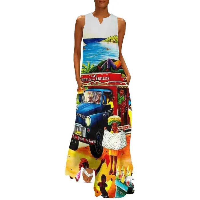 HAITI-Robe longue imprimée vintage pour femme, tenue de soirée, voyage et tourisme publicitaire, été