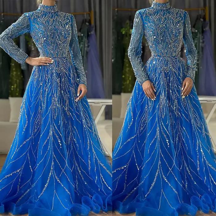 Robes de soirée de Dubaï, bleues, col haut, coupe trapèze, manches longues, appliques perlées, robes