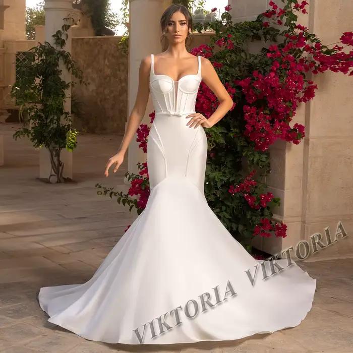 VIKTORIA classique Satin robes De mariée pour femme mariée dos nu sirène nœud plissé robe De Casamen