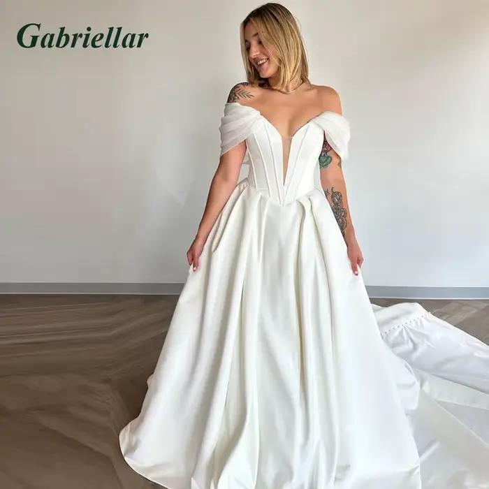 Gabriellar glamour robe De mariée sans bretelles pour mariée a-ligne Satin sans manches plissé balay