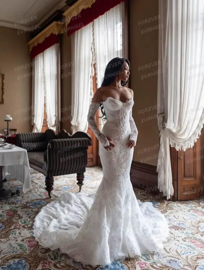 Robes De mariée simples en dentelle chérie pour femmes, avec des Appliques De sirène, avec traîne De