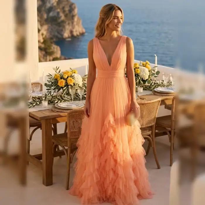 Robe de soirée élégante personnalisée pour mariage, robe longue sans manches à col en V pour la Sain