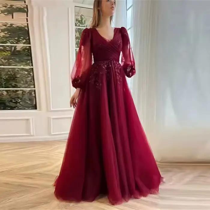 Robes de soirée longues bordeaux Bomaris, robes de bal vintage en tulle et dentelle, robes de cérémo