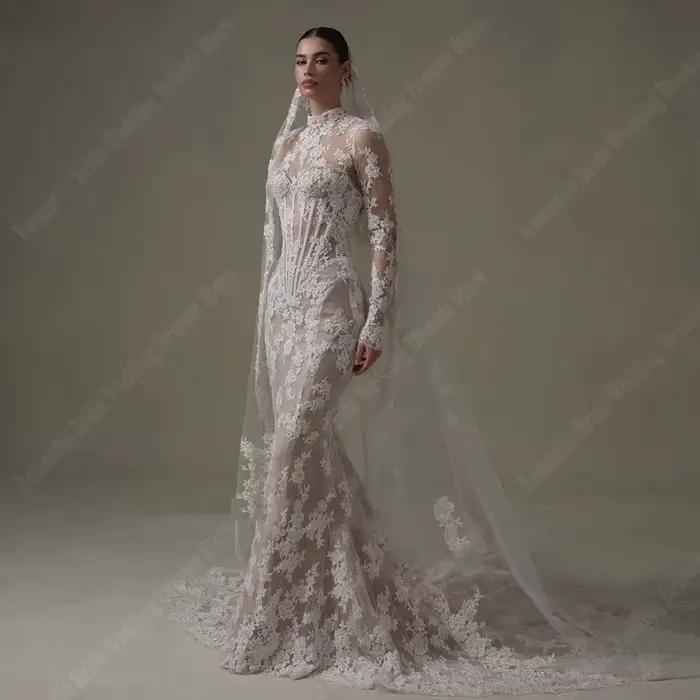 2026 Gorgeous Women Wedding Dresses Vintage Lace Mermaid Lace Printing Bridal Gown Formal Occasion V