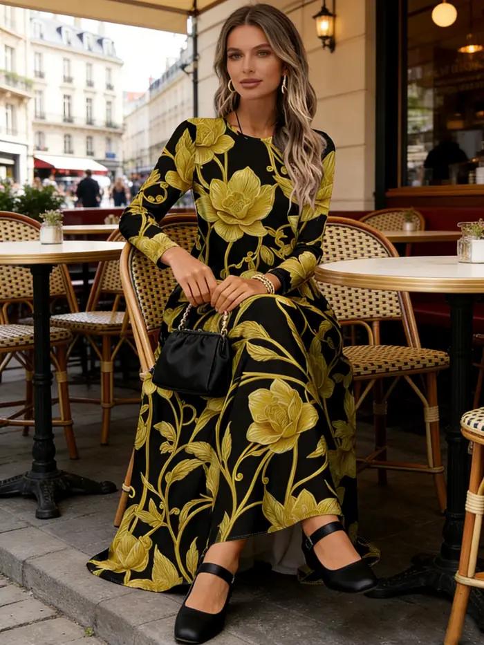 Robe à manches longues pour femme, tenue décontractée pour les vacances d'été, robe midi fluide avec