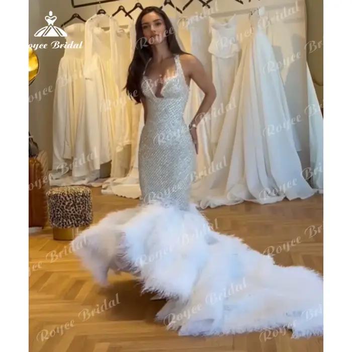 Robes de soirée de luxe à col halter 2026 avec strass et plumes - فستان سهرة نسائي - Robes de soirée