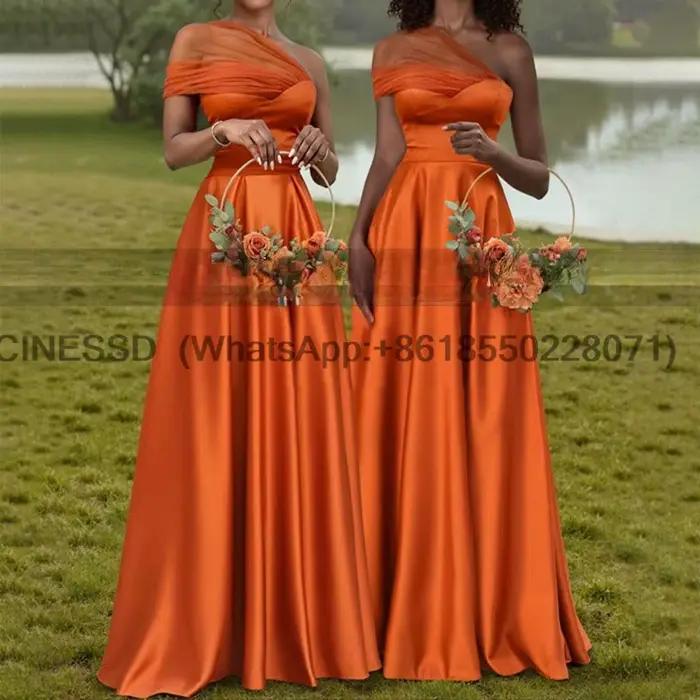 Robes de demoiselle d'honneur longues ligne A Orange pour femmes, en Tulle transparent personnalisé,