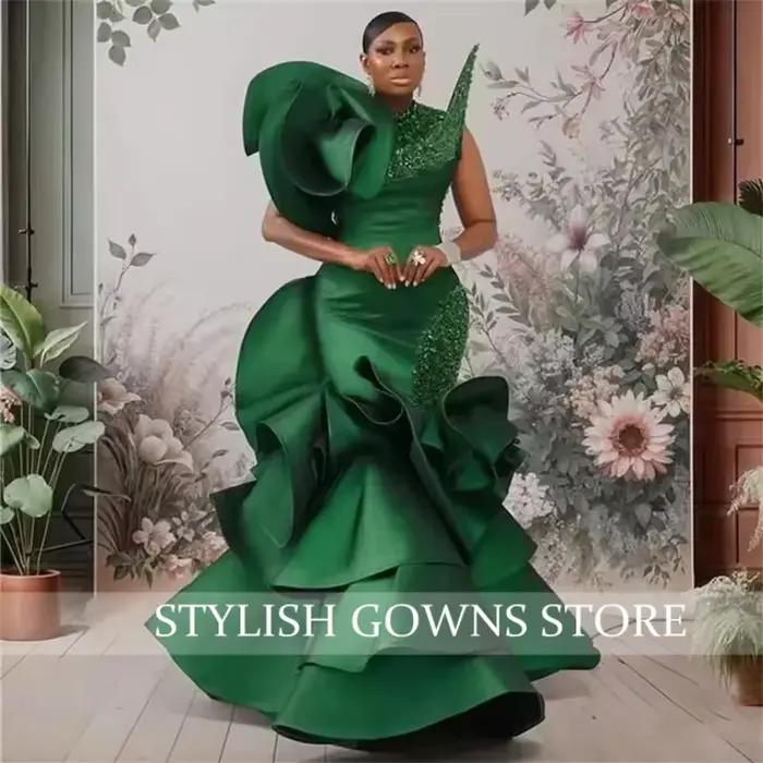 2025 Aso Ebi vert robes de soirée filles noires paillettes perles à plusieurs niveaux longueur de pl