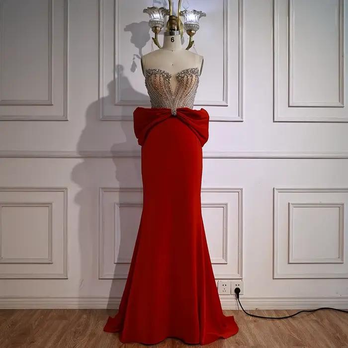 Robe de soirée sirène rouge de luxe, avec perles de cristal et grand nœud, robe élégante, personnali
