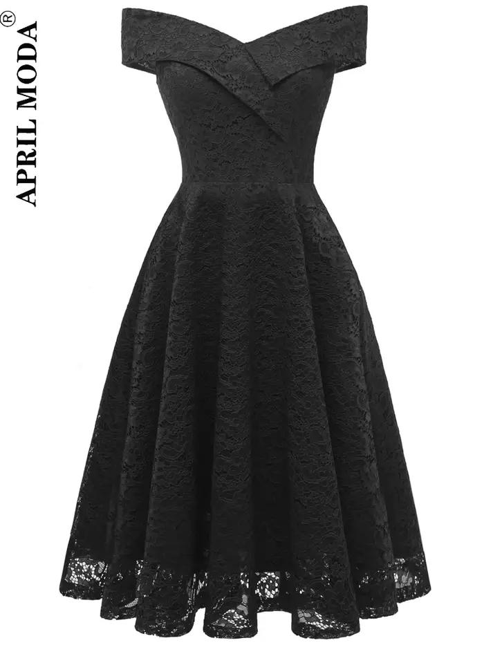 Femmes Vintage robe en dentelle formelle rouge noir vert Slash cou Tulle Midi Jurken Chic rétro goth