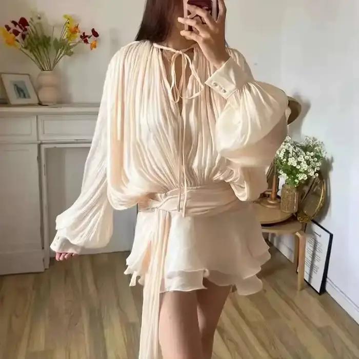 P7WI-Mini robe chemisier uni pour femme, haut beige, col en V, manches longues, épissé, à lacets, st