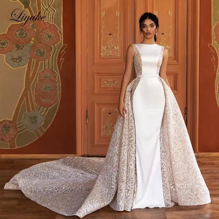 Liyuke personnaliser sur mesure charmante 2 en 1 robes de mariée sirène avec luxe de dentelle Satin 