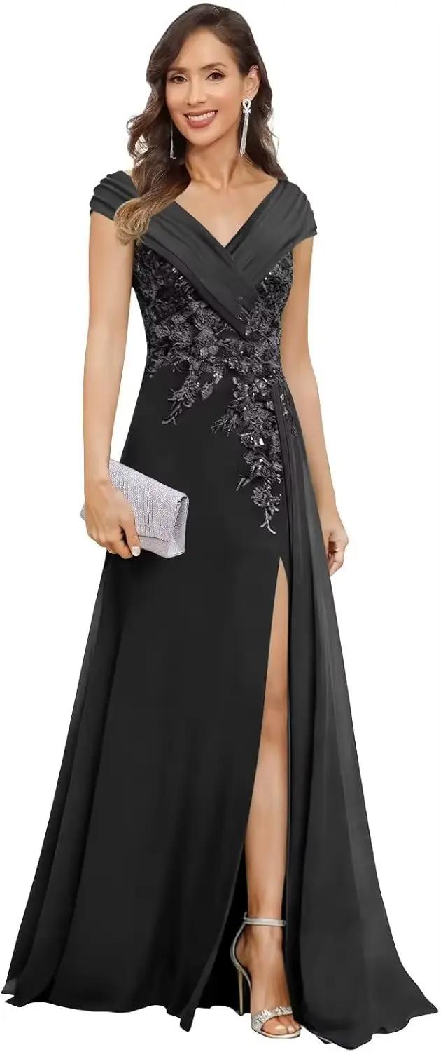 Robes de mère de la mariée en dentelle appliquée pour femmes, manches longues, robe formelle plissée