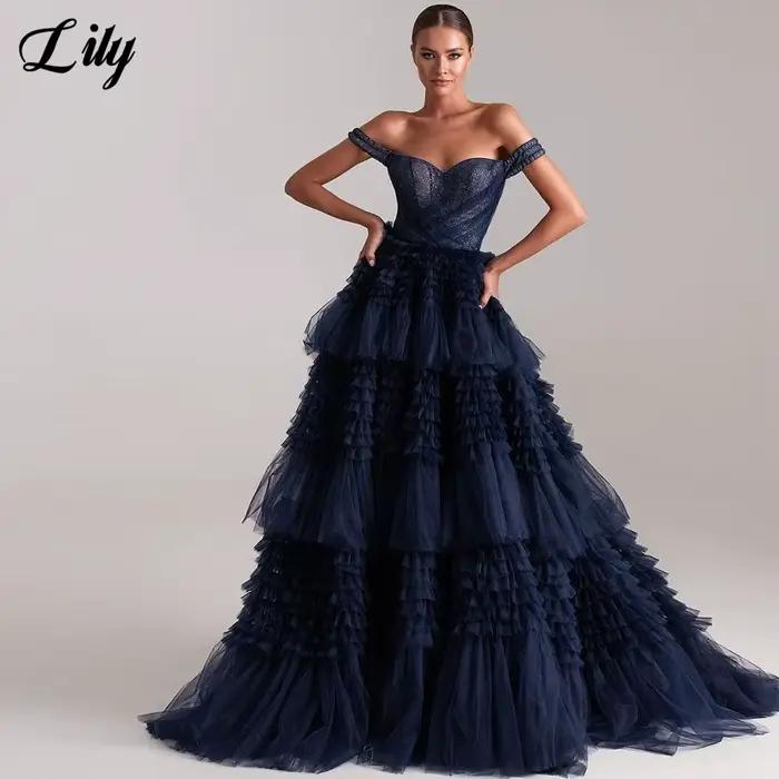 Lily-Robe de soirée chic en filet bleu marine pour femme, robe de Rhà plusieurs niveaux, robes de nu