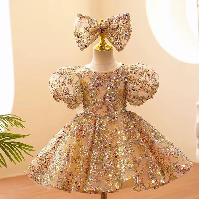 Robes de soirée pour petites filles, Champagne or, luxe, robe de fête d'anniversaire, à paillettes, 
