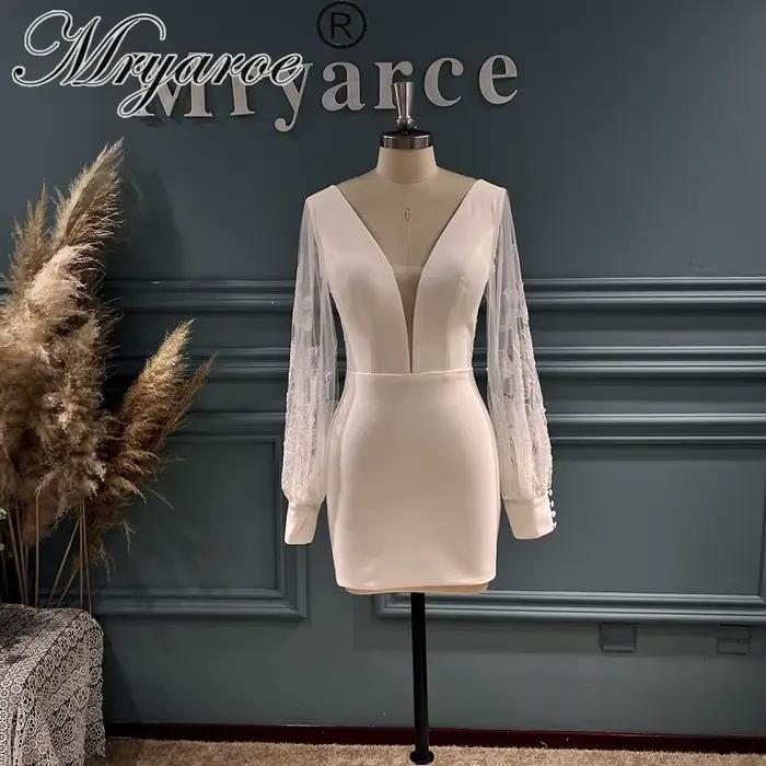 Mryarce – robe de mariée courte, mini-jupe, dentelle scintillante, manches bouffantes, robe de marié
