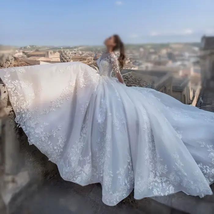 Robe De Mariée trapèze à manches longues, avec des Appliques De luxe, personnalisée, romantique, col