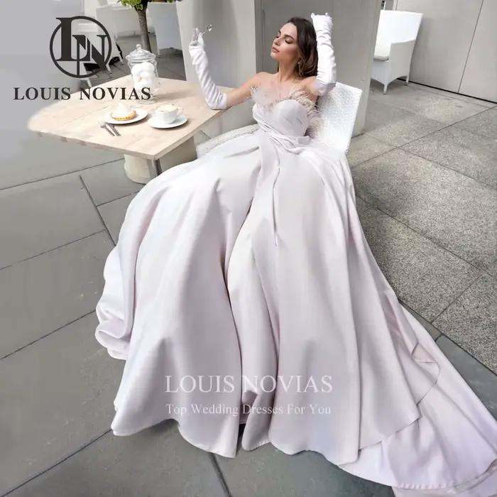 Modiis-Robe de mariée trapèze en satin dos nu pour les patients, robe élégante, plissée, plumes, ché